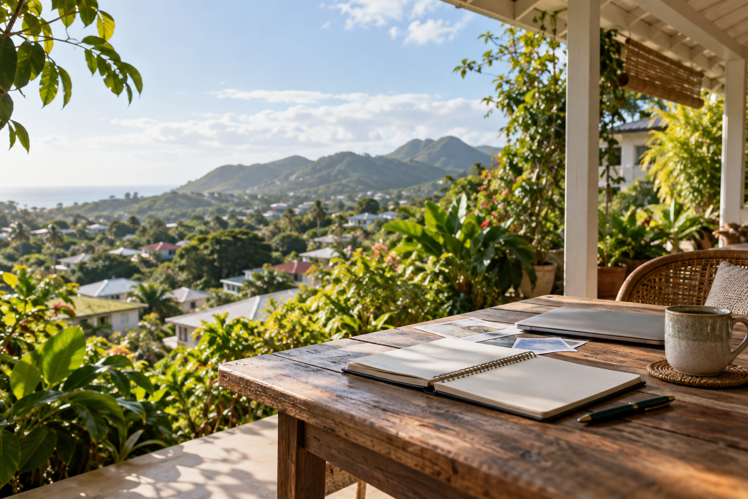 Carnet de préparation ouvert sur une terrasse face aux reliefs de la Guadeloupe